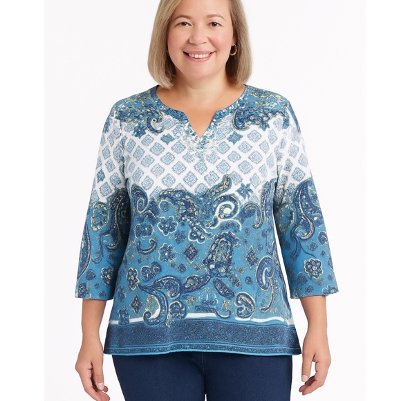 Rafaella Paisley Top Blue 3/4 Sleeve Large Petite - Picture 1 of 9